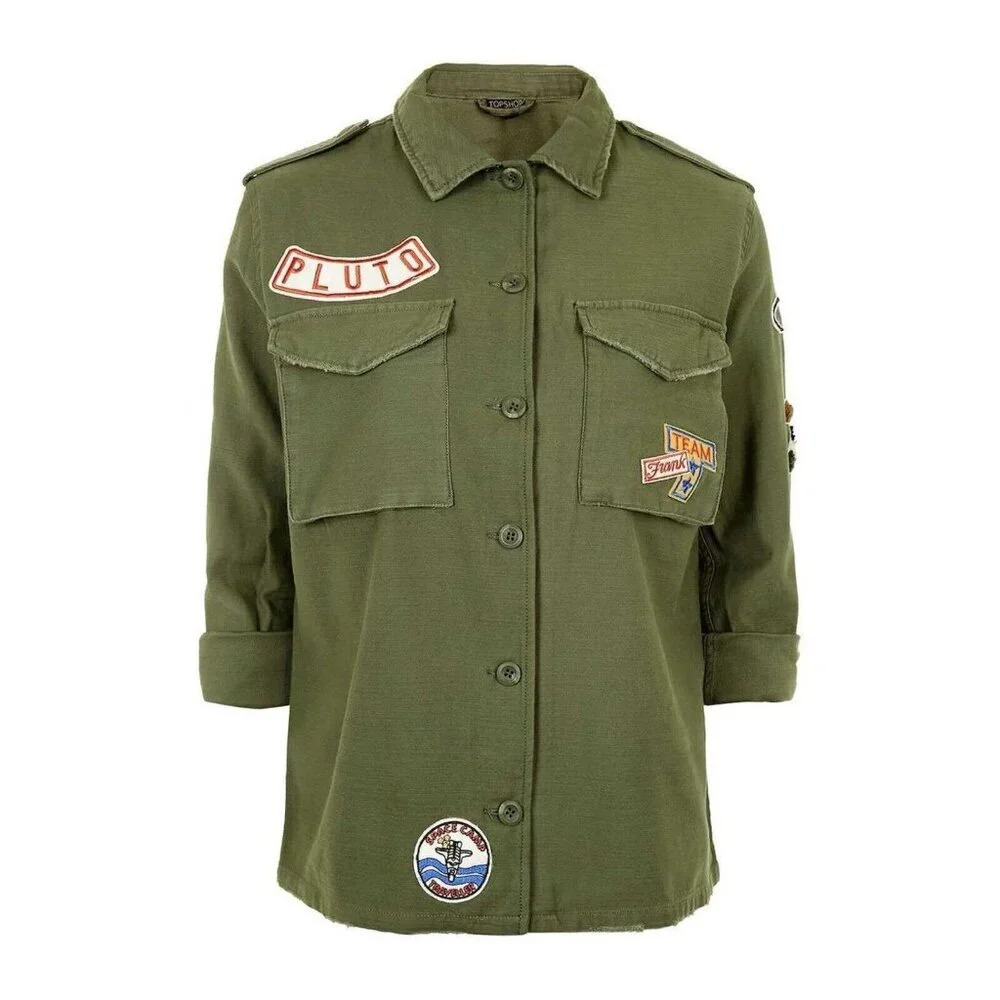 Topshop Army Khaki Olive Green Utility Jacket Shacket Space Patches EUC Sz 6